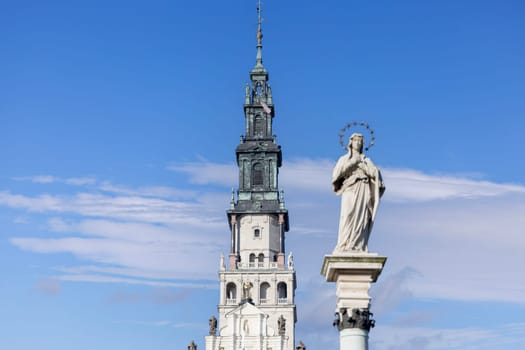 Czestochowa, Poland - October 18, 2024: 14th century baroque Jasna Gora Monastery (Light Mountain), famous pilgrimage center. Monument to Our Lady Immaculate and tower of Jasna Gora Basilica