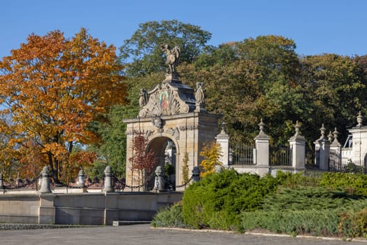 Czestochowa, Poland - October 18, 2024: 14th century baroque Jasna Gora Monastery (Light Mountain), famous pilgrimage center. Lubomirski Gate with mosaic of Our Lady Queen and sculpture of St. Michael the Archangel