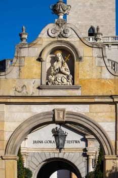 Czestochowa, Poland - October 18, 2024: Gate of Our Lady of Sorrows, 14th century baroque Jasna Gora Monastery (Light Mountain), famous pilgrimage center