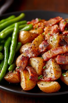 Rustic country-style dish with roasted new potatoes in a plate, tender green beans and crispy bacon bits. AI generative.