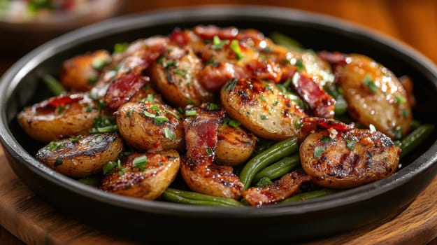 Rustic country-style dish with roasted new potatoes in a plate, tender green beans and crispy bacon bits. AI generative.