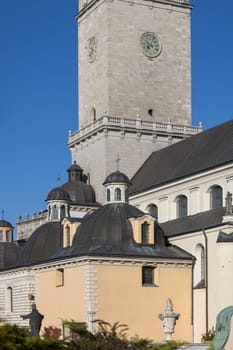 Czestochowa, Poland - October 18, 2024: Tower of Jasna Gora Basilica and chapels, famous pilgrimage center. It is place of Marian worship with miraculous image of Our Lady of Czestochowa Black Madonna