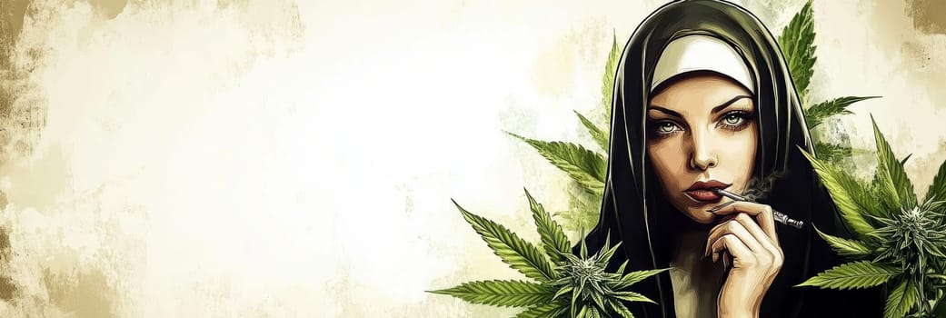 Woman dressed as nun smoking marijuana. AI generative.