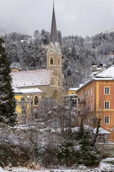 Innsbruck, Austria - February 26, 2023: Gothic Church of Saint Nicholas (Pfarramt St. Nikolaus)