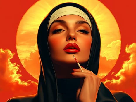 Woman dressed as nun smoking marijuana. AI generative.