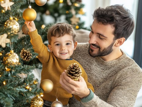 Dad and son decorating the Christmas tree . AI generative.