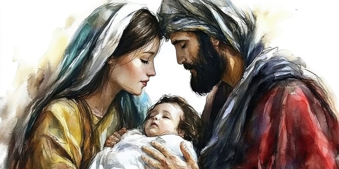 The painting depicts Mary, Joseph and the baby Jesus in a peaceful and holy scene, with Mary cradling Jesus in her arms and Joseph standing protectively by their side.AI generative.