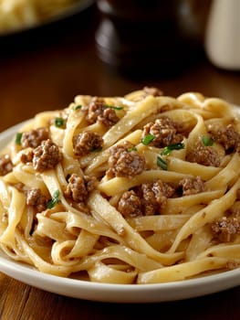 fettuccine with beautifully browned ground beef. AI generative.