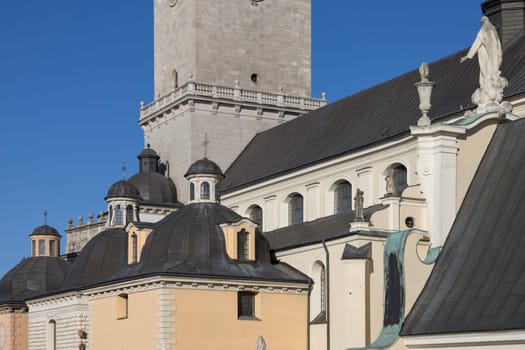 Czestochowa, Poland - October 18, 2024: Tower of Jasna Gora Basilica and chapels, famous pilgrimage center. It is place of Marian worship with miraculous image of Our Lady of Czestochowa Black Madonna