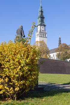Czestochowa, Poland - October 18, 2024: Tower of Jasna Gora Basilica (Light Mountain), famous pilgrimage center. It is place of Marian worship with miraculous image of Our Lady of Czestochowa (Black Madonna)