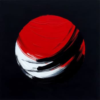 An abstract painting of a red, white, and black circle against a black background. The painting is bold and graphic, with a sense of energy and movement. A high-quality photo.