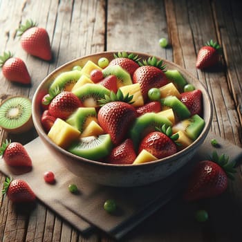 A bowl of fresh fruit salad with strawberries, kiwi, and pineapple on a rustic wooden table. The image evokes a sense of freshness, health, and deliciousness. A high-quality photo.