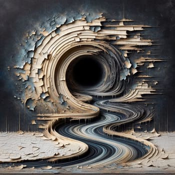 A surreal digital art piece depicting a winding river flowing through a cracked landscape, leading to a dark, swirling vortex. A high-quality photo.