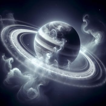 A digital art piece depicting a planet with rings surrounded by swirling clouds and a starry background. The image evokes a sense of wonder, mystery, and the vastness of space. A high-quality photo.