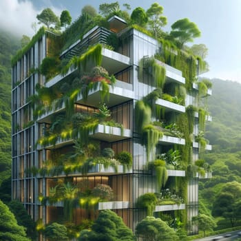 A modern, eco-friendly building with lush vegetation growing on its exterior. The building blends seamlessly with its natural surroundings, conveying a sense of harmony. A high-quality photo.