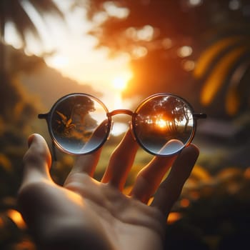 An image of a hand holding round glasses, with a scene of a lush tropical forest and a setting sun reflected in the lenses. The image evokes a sense of adventure. A high-quality photo.
