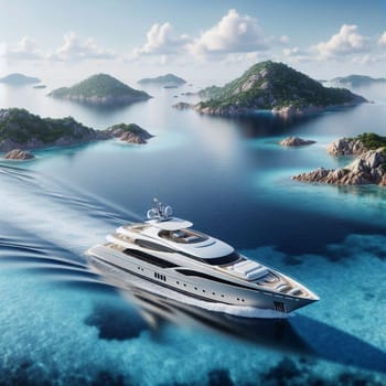 A photograph of a luxurious yacht sailing through a tropical archipelago. The image evokes a sense of freedom, adventure, and the beauty of nature. A high-quality photo.