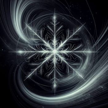 An abstract digital art piece depicting a snowflake with intricate details, surrounded by swirling lines and a starry background. A high-quality photo.