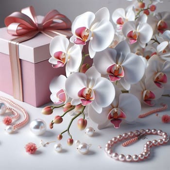 A still life image of a pink gift box with a white orchid and a pearl necklace and earrings. The image evokes a sense of elegance, beauty, and celebration. A high-quality photo.