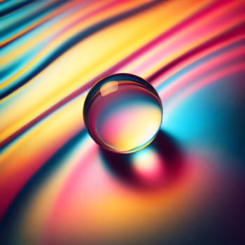 A close-up image of a glass marble resting on a colorful, wavy surface. The marble reflects the vibrant colors, creating a mesmerizing and abstract composition. A high-quality photo.