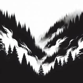 A black and white illustration of a misty mountain valley with tall, dark pine trees. The image evokes a sense of solitude, mystery, and the beauty of nature. A high-quality photo.