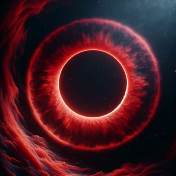 Abstract digital art depicting a glowing red ring in space. The ring is composed of particles that shimmer and move, creating a mesmerizing and otherworldly effect. A high-quality photo.