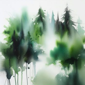 Watercolor painting of a forest scene. The trees are painted with soft, blended strokes, creating a dreamy and peaceful atmosphere. A high-quality photo.