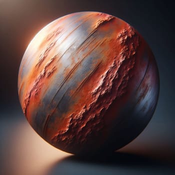 3D rendering of a sphere covered in rusty metal. The sphere is illuminated by warm, golden light, highlighting the texture and imperfections of the metal. A high-quality photo.