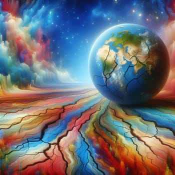 Abstract digital art depicting a cracked earth landscape with a floating globe. The globe is partially cracked and illuminated by a soft light, creating a sense of fragility. A high-quality photo.