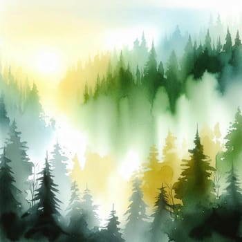 Watercolor painting of a lush, green forest. The trees are painted with soft, blended strokes, creating a dreamy and peaceful atmosphere. A high-quality photo.