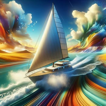 A digital art piece depicting a sailboat sailing through a colorful, abstract seascape. The image evokes a sense of freedom, adventure, and the beauty of nature. A high-quality photo.
