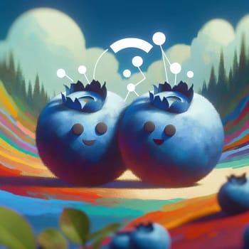Cartoon illustration of two blueberries with happy faces and glowing lines above them. The blueberries are surrounded by a colorful background and other blueberries. A high-quality photo.