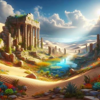 A digital illustration of an ancient temple ruin in a desert landscape. The scene evokes a sense of history, mystery, and the passage of time. A high-quality photo.