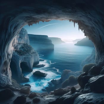 A view of a dramatic seascape through the entrance of a cave. The scene evokes a sense of mystery, adventure, and the power of nature. A high-quality photo.