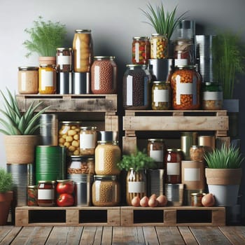 Image of a pantry with shelves stocked with canned goods, jars of food, and plants. The pantry is organized and well-stocked, creating a sense of abundance and preparedness. A high-quality photo.