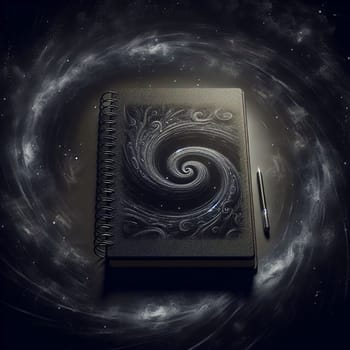 An image of a closed spiral bound notebook on a starry background. The notebook has a swirling design on the cover, resembling a galaxy or a vortex. A high-quality photo.