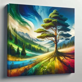 Digital art depicting a lone tree with green foliage standing tall in a colorful, abstract landscape. The image evokes a sense of peace, tranquility, and the beauty of nature. A high-quality photo.
