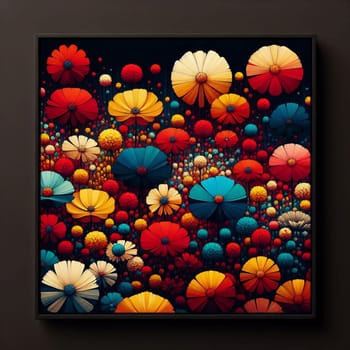 Abstract digital art depicting a field of colorful flowers. The flowers are stylized and geometric, with vibrant colors and a sense of depth. A high-quality photo.