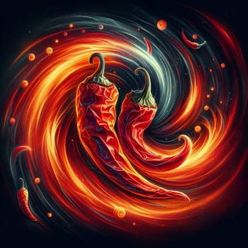 A digital art piece depicting two red chili peppers against a swirling, fiery background. The chili peppers are a symbol of heat, spice, and passion. A high-quality photo.
