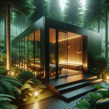 A modern, minimalist spa cabin nestled in a lush green forest. The cabin features large glass windows, wooden accents, and a serene atmosphere. A high-quality photo.