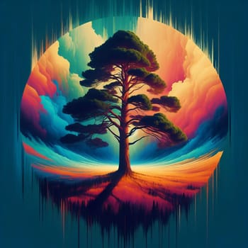 Abstract image of a pine tree against a colorful background of clouds and sky. The image is stylized with a glitch effect, creating a surreal and dreamlike feel. A high-quality photo.