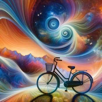 An abstract digital art piece depicting a bicycle in a surreal landscape. The bicycle is positioned on a path, with a starry sky and swirling colors as the background. A high-quality photo.