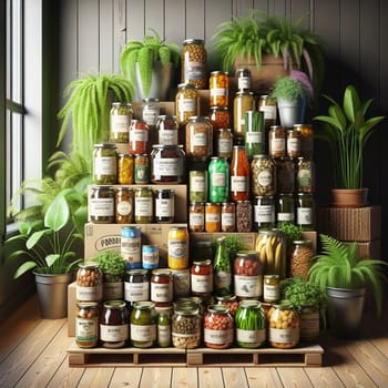 An image of a room filled with various jars and containers of preserved food, plants, and other supplies, stacked on wooden pallets. The room has a rustic, vintage feel. A high-quality photo.