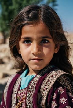 A young girl from Afghanistan stands confidently, showcasing her traditional attire, her expressive eyes reflecting her surroundings and culture. Generative AI.