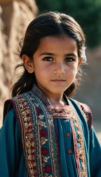 A young girl from Afghanistan stands confidently, showcasing her traditional attire, her expressive eyes reflecting her surroundings and culture. Generative AI.