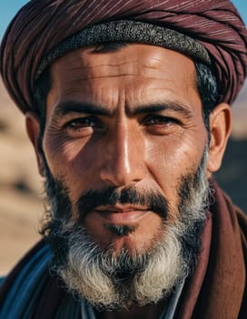 A middle-aged 45 years old Afghan man stands confidently in a rural area, showcasing his traditional attire and thoughtful gaze amidst a serene backdrop of his village. Generative AI.