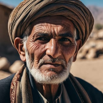 An elderly man from Afghanistan showcases his weathered face, reflecting years of wisdom and resilience against a modest backdrop of nature, embodying the rich culture of his homeland. Generative AI.