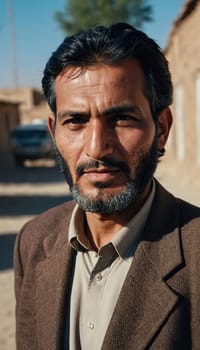 A middle-aged 45 years old Afghan man stands confidently in a rural area, showcasing his traditional attire and thoughtful gaze amidst a serene backdrop of his village. Generative AI.