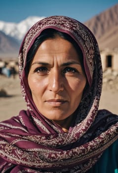 A woman 45 years old in Afghanistan stands confidently, wearing a beautifully patterned scarf. The mountainous landscape emphasizes her strength and connection to her heritage. Generative AI.