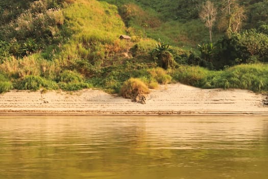 View from the slow boat from Thailand to Laos onto the shore of the Mekong River, a trail is leading up to a small hut, cabin, Laos 2023